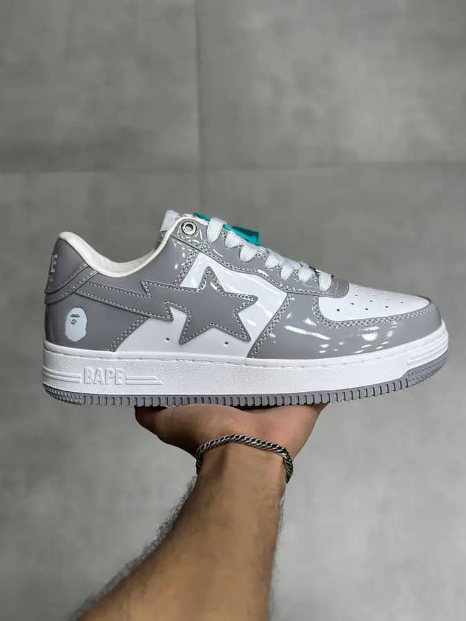 بیپ استا سفید طوسی ورنی Bape Sta White Grey Patent